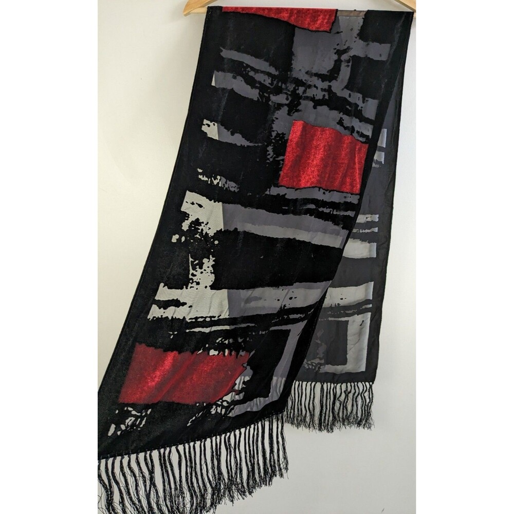 Burnout Velvet Scarf Wrap Stole Abstract Art Black Red Fringe Modernist Evening